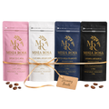 Misia Rosa Discovery Bundle — four 250g specialty coffee bags (Reserva Geisha, Piamonte Fruta Roja, Selección Caturra, Casa Dulce) tied with a gift tag