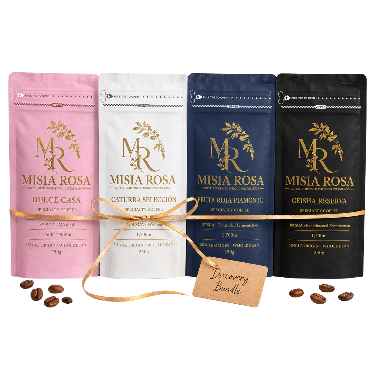 Misia Rosa Discovery Bundle — four 250g specialty coffee bags (Reserva Geisha, Piamonte Fruta Roja, Selección Caturra, Casa Dulce) tied with a gift tag