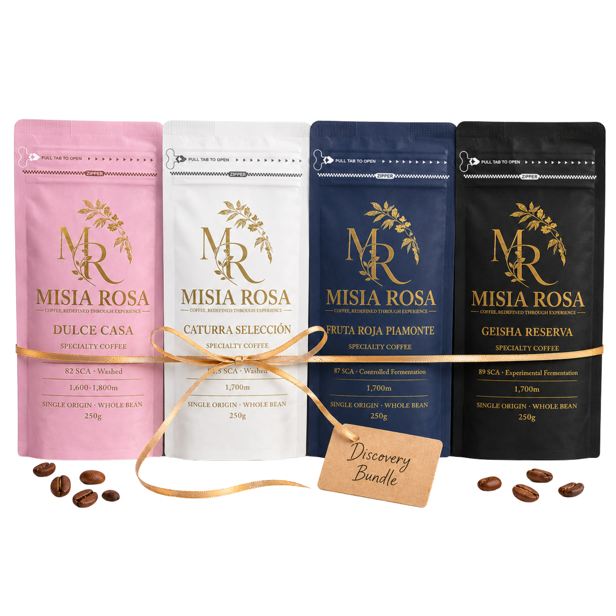 Misia Rosa Discovery Bundle — four 250g specialty coffee bags (Reserva Geisha, Piamonte Fruta Roja, Selección Caturra, Casa Dulce) tied with a gift tag